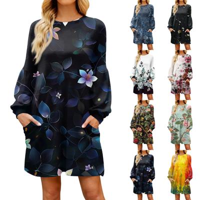 Modisches langärmliges A-Linien-Kleid für Damen, Herbst, lässiger Pullover, Rundhalsausschnitt, lockere Passform, mit Taschen