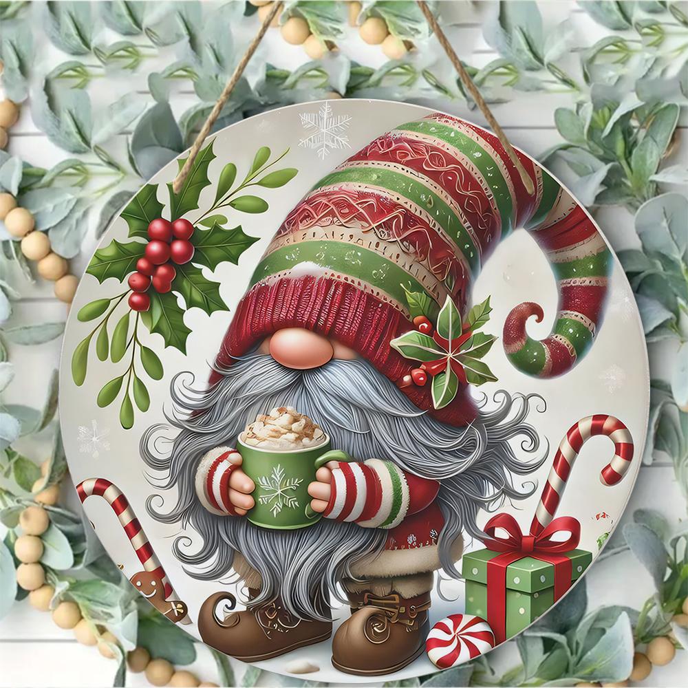 Christmas gnome pattern wooden wall sign, Round Wooden Hanging Plaque, festive holiday home decor, front door welcome ornament Xmas gifts