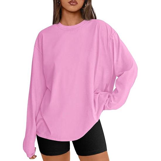 Camiseta de Manga Larga Holgada de Seda de Leche para Mujer Europea y Americana con Cuello Redondo