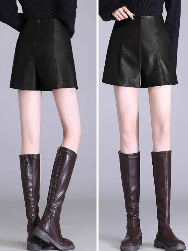 

Шорты А-силуэта из искусственной кожи с высокой посадкой - Утягивающие, универсальные, с широкими штанинами, в корейском стиле для осени/зимы 2023 XL чёрный