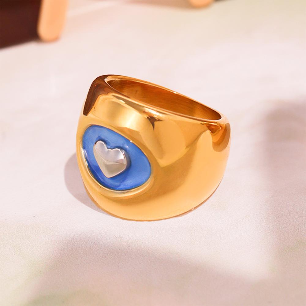 Gold Color Zinc Alloy 316 Stainless Steel Gold Plated 18K Luxury Ring Women's Blue Enamel Heart Open Ring Girls Fashion Zircon