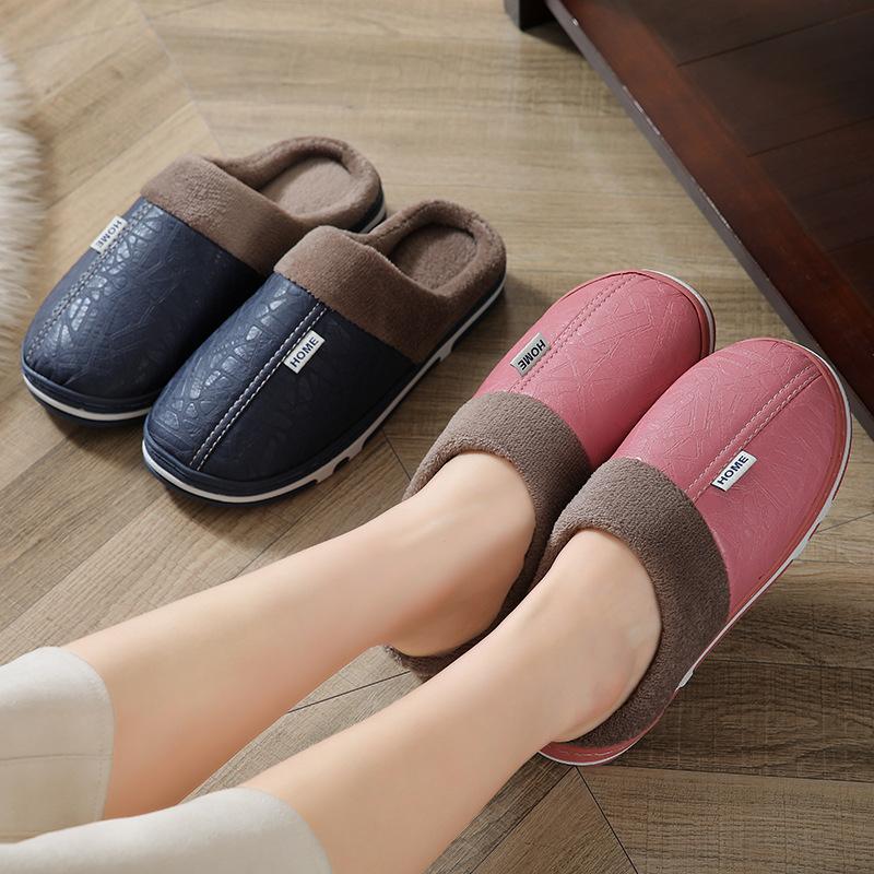 Män Dam Vattentätt PU Läder Vinter Varm Plysch Hem Skor Hus Tofflor Inomhus Anti-Skid