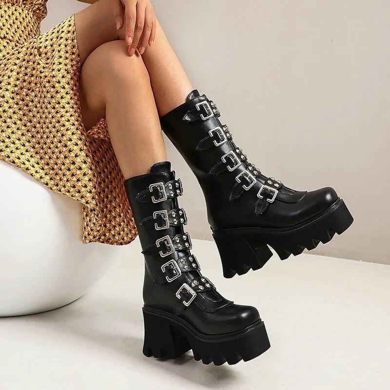 Fashion Women's Gothic Boots Punk Style Motorcycle Boot Luxury Mid-calf Leather Booties High-heel Platform Boots Halloween Cosplay Boots