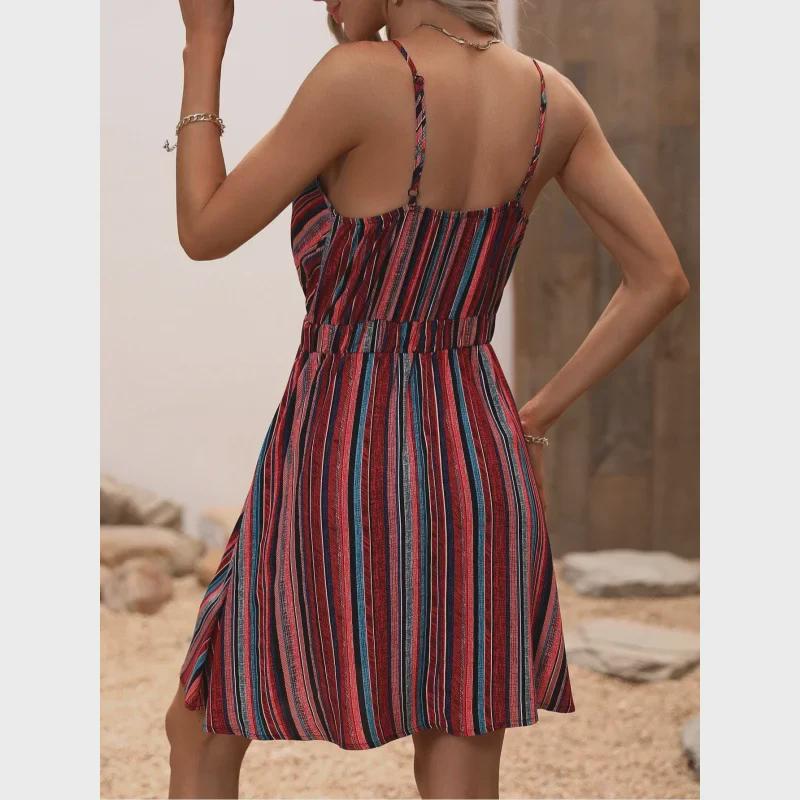 Evropské a americké horké prodeje Pruhované šaty s výstřihem do V na špagetová ramínka a zavinovacím střihem - Kolekce léto 2024