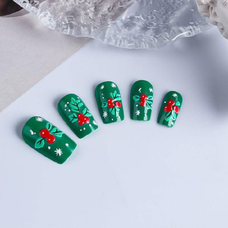 ABS Press On Nail 24PCS Christmas Snowflake Green Bell Design Reusable Artificial Nail For Festive Occasions