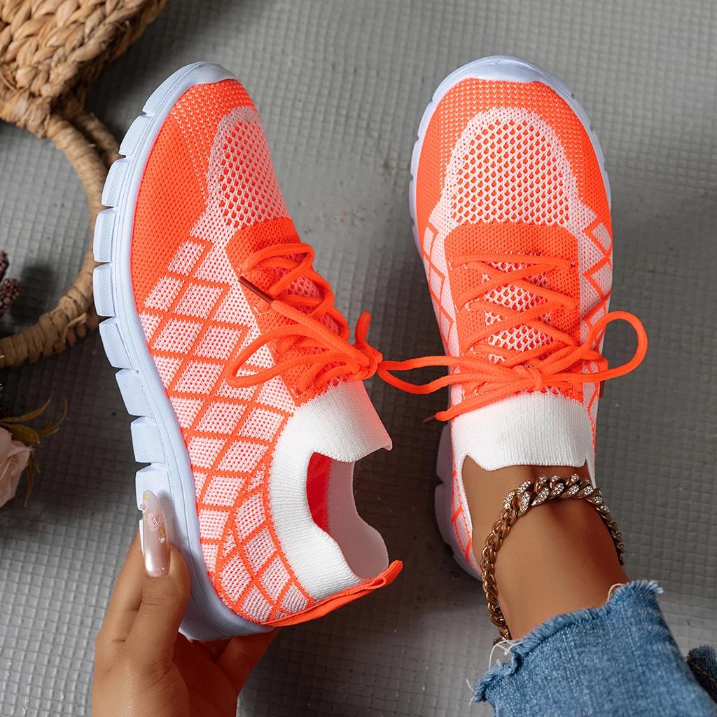 Fashion Women's Fashion Strip Plaid Knitted Sneakers Soft Sole Breathable Mesh Running Shoes for Women Lightweight Slip On Tennis Shoes