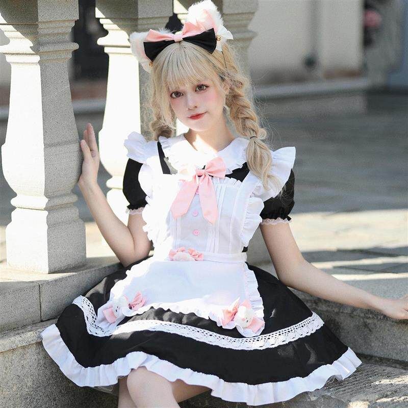Nuovo Vestito da Cameriera Bianco e Nero, Carino Vestito Lolita, Uniforme da Cameriera da Caffè, Vestito da Donna