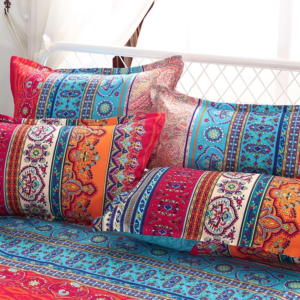 3Pcs Boho Bedding Striped And Floral Bedding Bohemian Exotic Artistic Duvet Cover Set (1Pc* Duvet Cover + 2Pcs Pillowcase