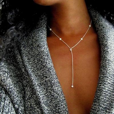 Boho Jewelry Women 14K Gold Plated CZ Lariat Necklace Dainty White Gold Christmas Gift Fine Jewelry