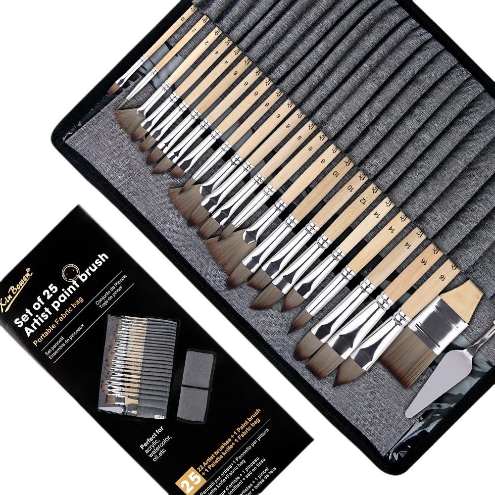 25-Piece Portable Wood Paintbrush Set for Art Studio and Sketching