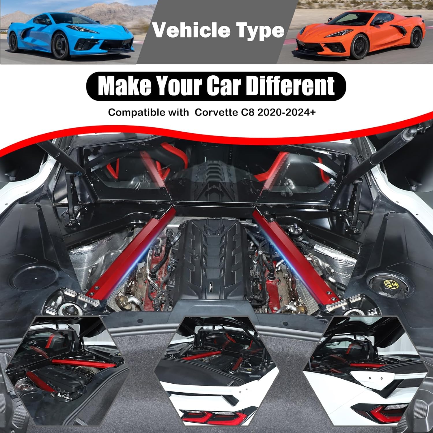 для аксессуаров Chevrolet Corvette C8 Алюминиевая декоративная планка для стяжки моторного отсека, Панель-заглушка левая правая для распорки моторного отсека, Совместимо с Corvette