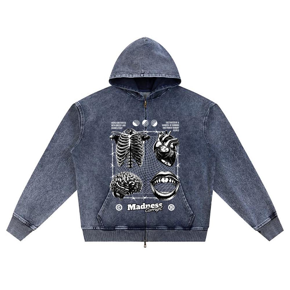 

DTG print Knitted Denim Zip-Up Hoodie Madness Corrupt Brother Print Zipper Hoodies XL темно-синий