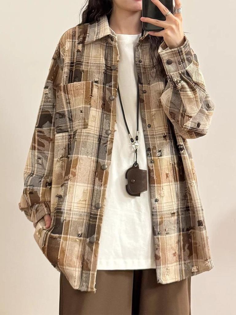 Camicia da Donna Autunno 2025 Retrò Tie-Dye a Quadri a Maniche Lunghe con Quattro Bottoni