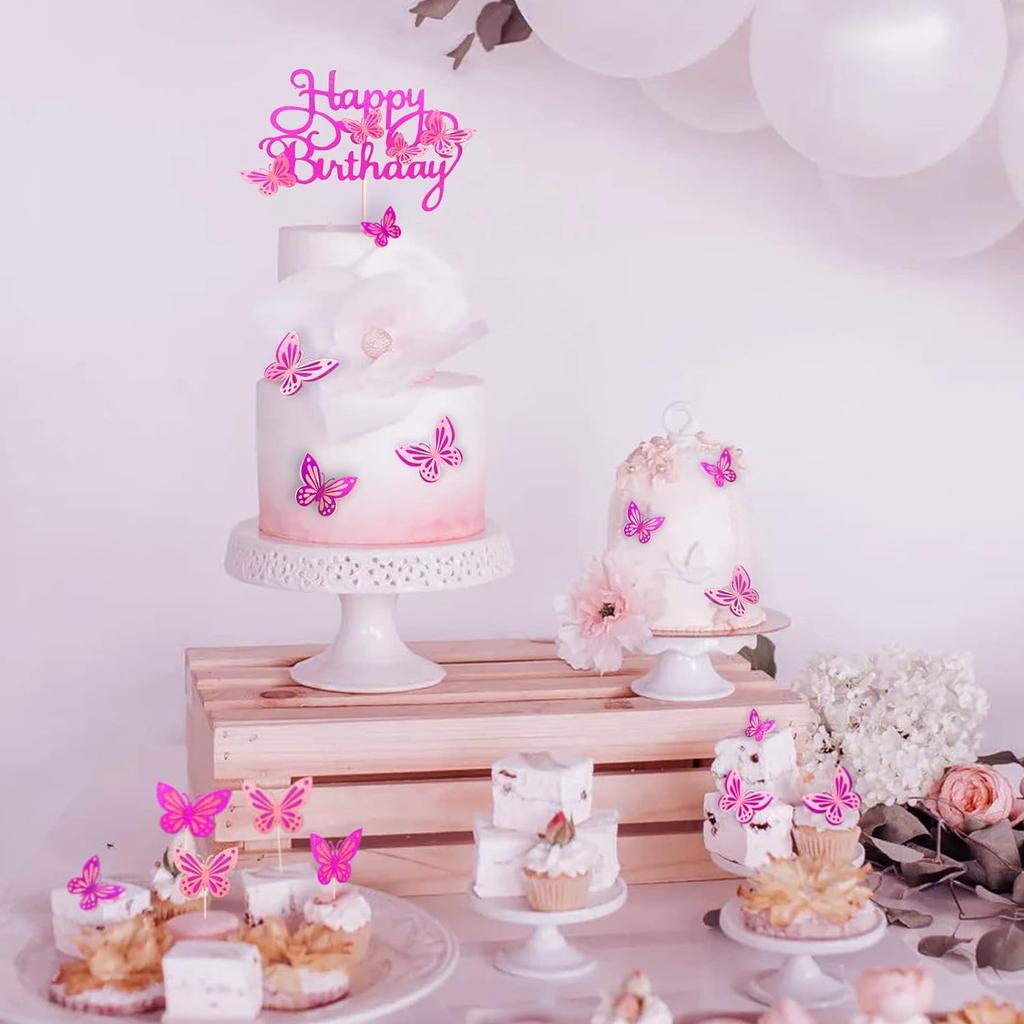 13 Stück Heißrosa 3D Schmetterling Kuchenaufsätze Cupcake Topper für Mädchen Frauen Happy Birthday Kuchenaufsatz Geburtstagskuchen Dekoration