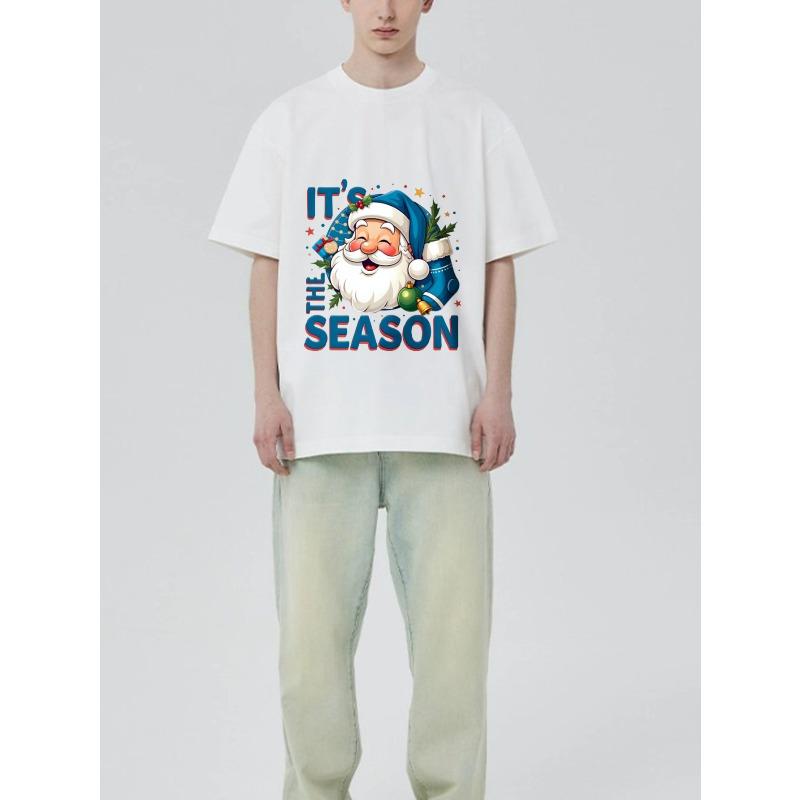 Christmas T-Shirt Black Santa Claus With It's The Season Text And Holiday Decorations For Festive Season