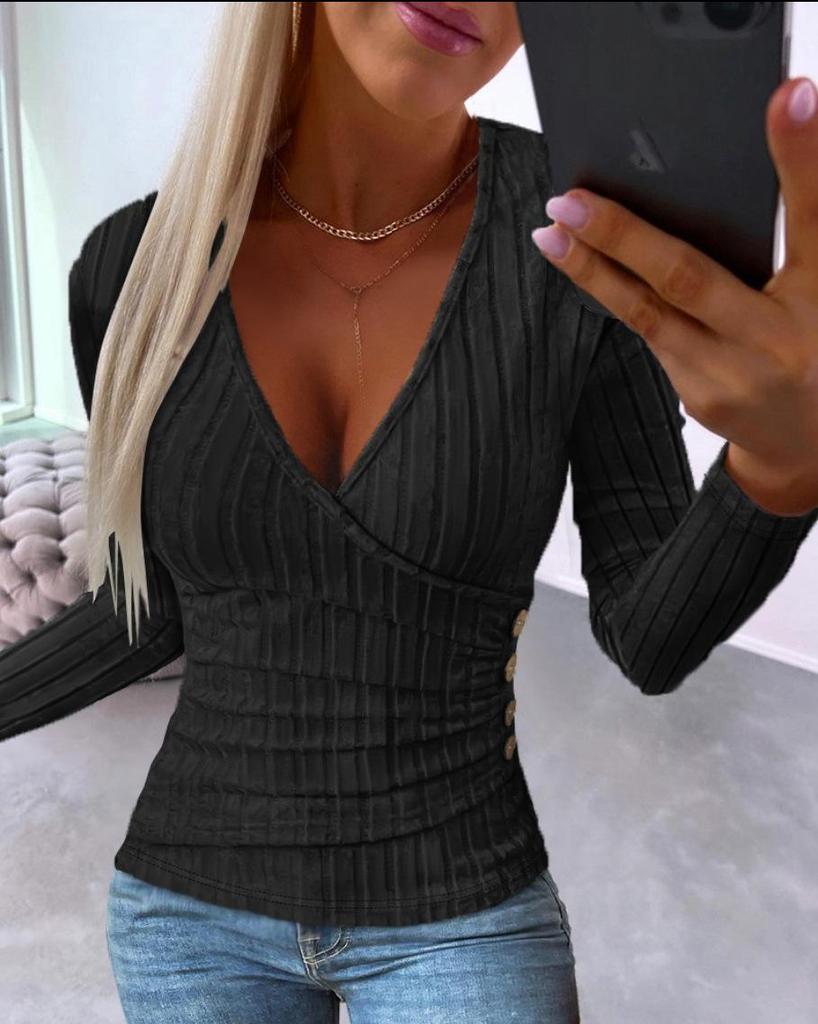 Women's Autumn Ribbed Knit V-Neck Slim Fit Long Sleeve Button Pullover