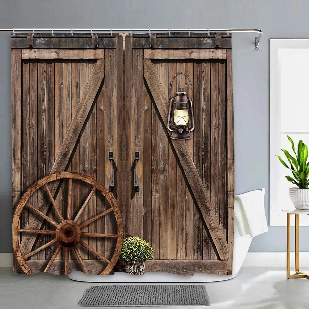 Vintage Rustic Wood Panel Shower Curtain Barn Door Floral Botanical Green Leaf Barn Farm Polyester Fabric Bathroom Decor Curtain