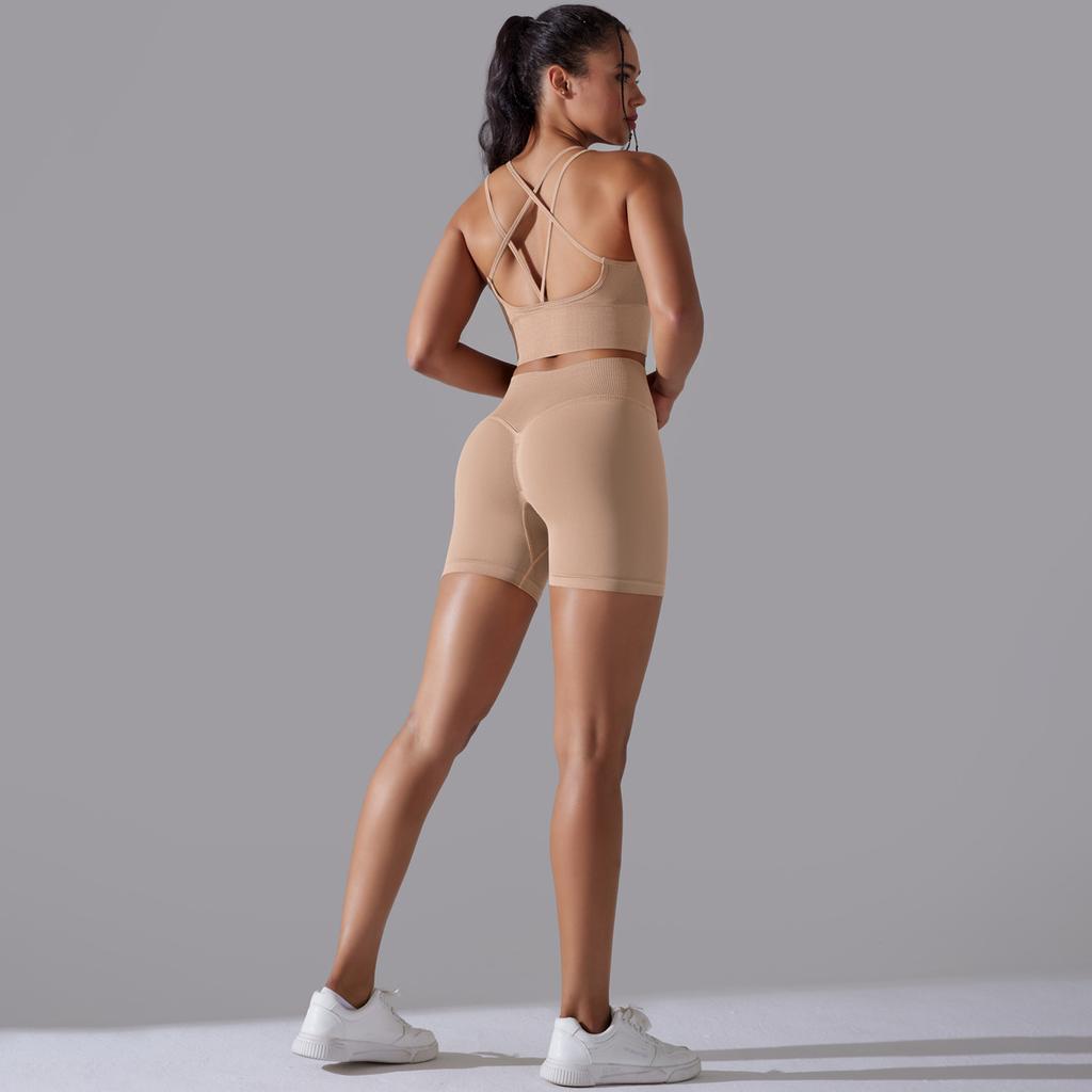 European and American seamless knitted solid color beautiful back high elastic tight yoga suit set running fitness suit two-piece set women