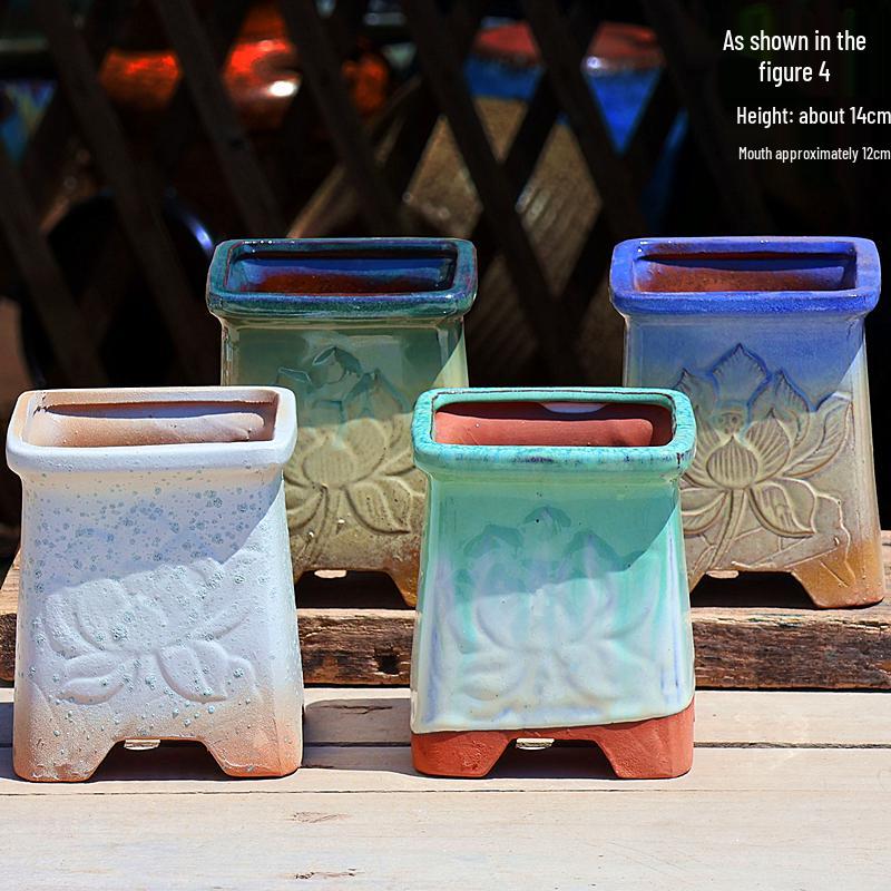 Creative Handmade Coarse Pottery Terracotta Pot - Large Square Glossy Glazed Planter with Low Breathable Rim for Succulents and Pothos