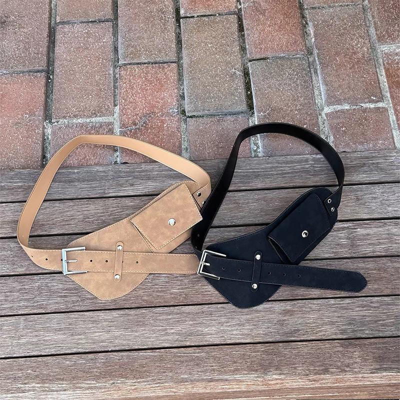 Riñonera Coreana, Riñonera Retro de Gamuza Marrón con Correa Ajustable y Bolsillos, Bolso de Falda Y2k para Chicas, Riñonera Vintage para Mujer con Correa Ancha