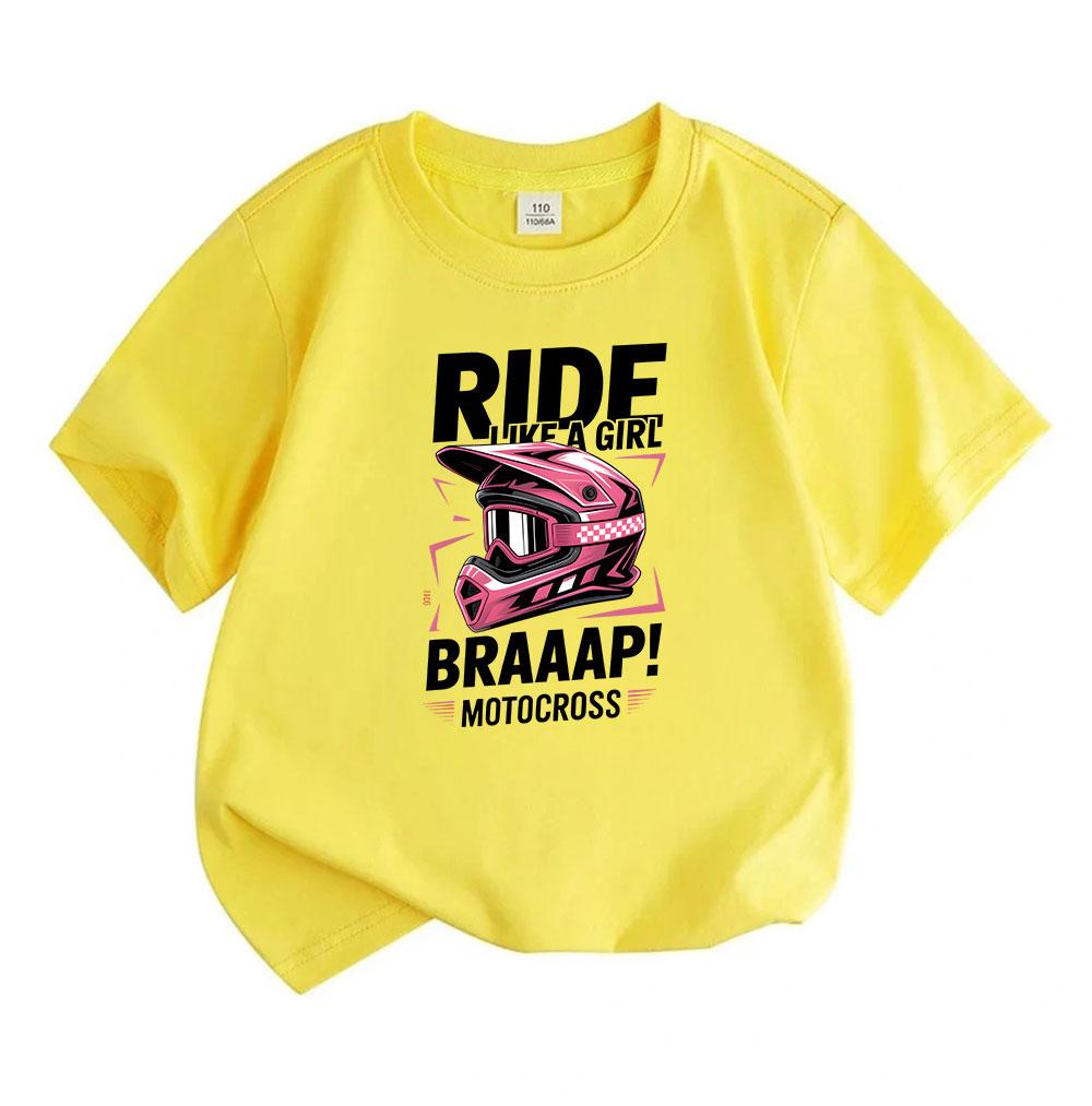 Kids Boys Girls 100% Cotton Crew Neck Short Sleeve T-Shirt, Funny Ride Like A Girl Braaap Motocross Dirt Bike Graphic Casual Tee Top For Youth