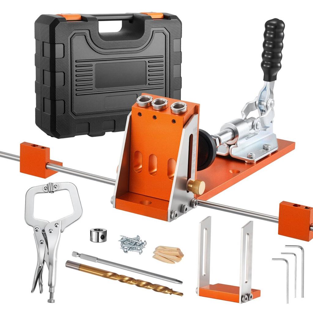 Pocket Hole Jig Kit, 12.7 to 38.1 mm Adjustable, Jig Pocket Hole System with Toolcase, C-Clamp, Step Drill, Hex Wrench, Drill Stop Ring, Square Drive