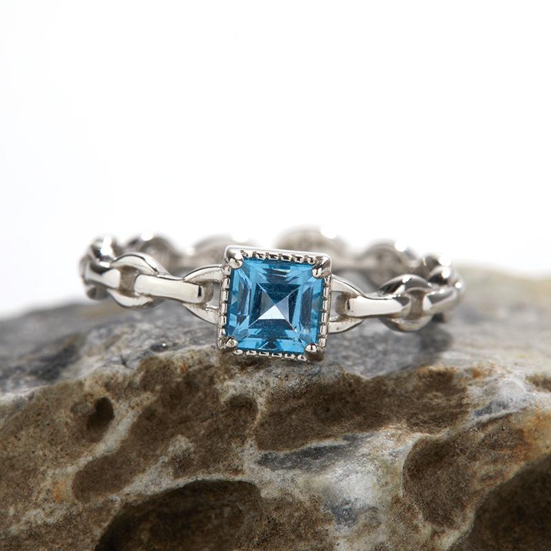 Color Treasure Ring S925 Sterling Silver Inlaid Natural Topaz Sugar Cube Open Ring Ring Fashion High Sense Women