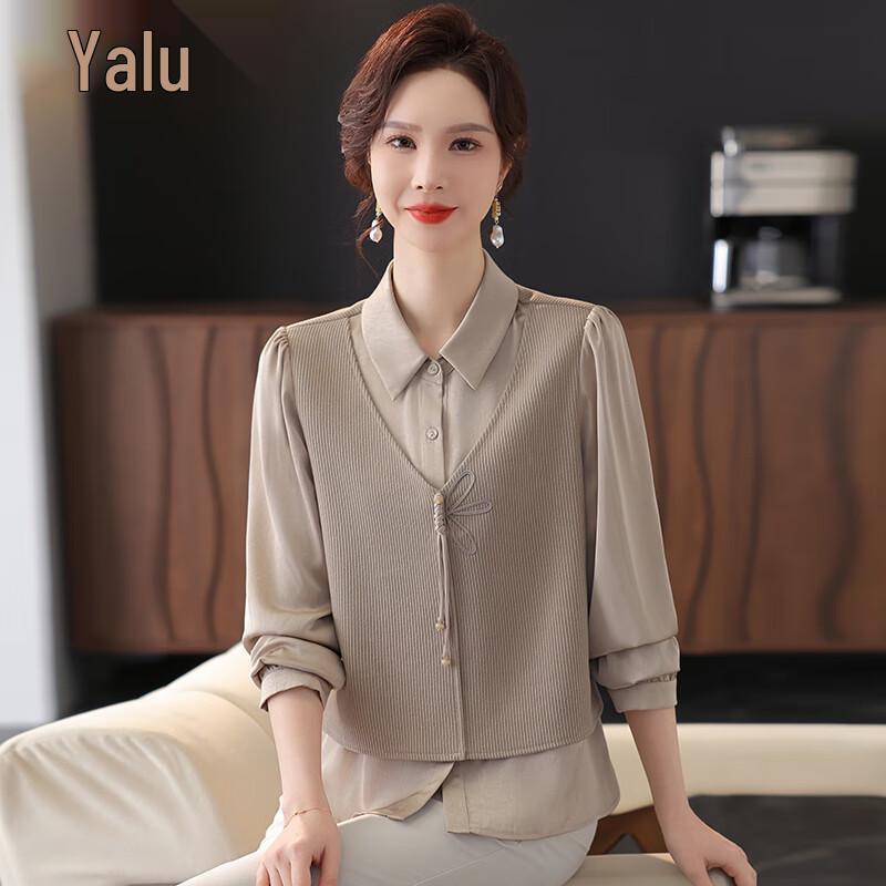 Ya Lu Women s Spring Casual Color-Block Fake Two-Piece Lapel Shirt L