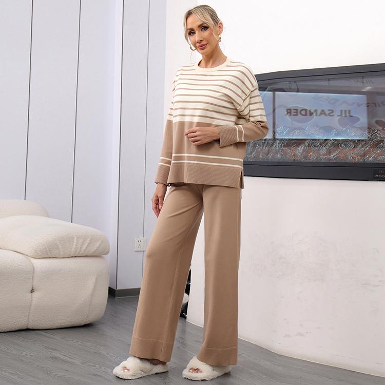 Otoño Invierno Mujer Casual Rayado Punto Suéter Pantalón Conjunto de Dos Piezas Manga Larga Jersey Tops y Pantalón de Pierna Ancha Chándal