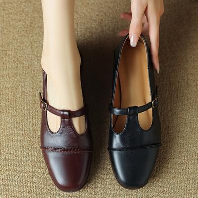 Leichter Luxus Retro~ Französischer Hepburn-Stil Nische erste Schicht runder Kopf hohl kleine Lederschuhe Mary Janes Einzelne Schuhe