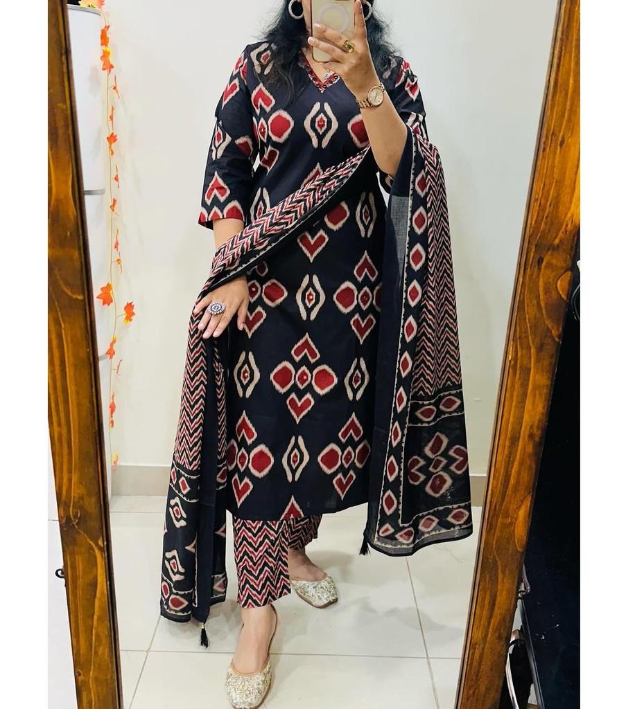 Indian Women Designer Cotton Printed Kurta Pant Duaptta Set Salwar Suit Party Wear Top Tunic