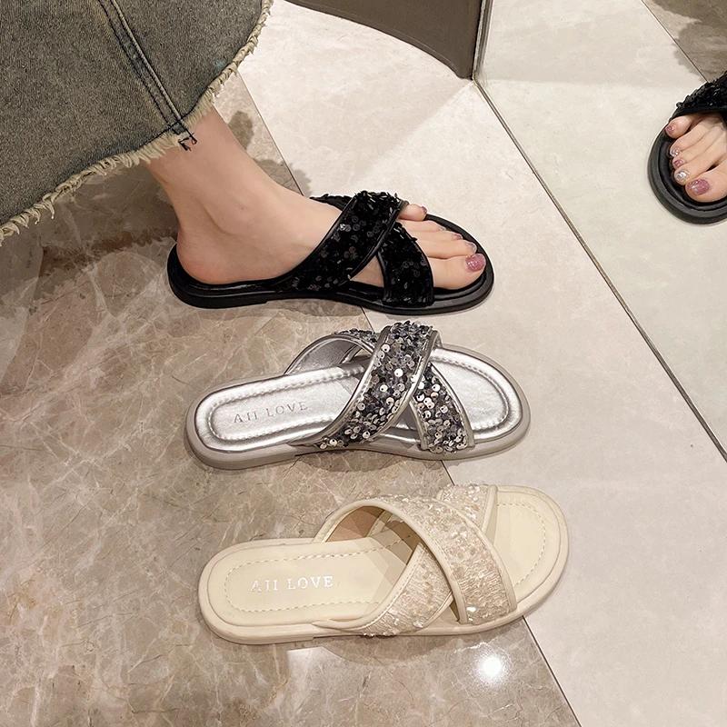 2024 New Women's Summer Slippers Fairy Slippers With Sequined Flat Slippers Fashion Beautiful Charming Cross Comfortable Sandals