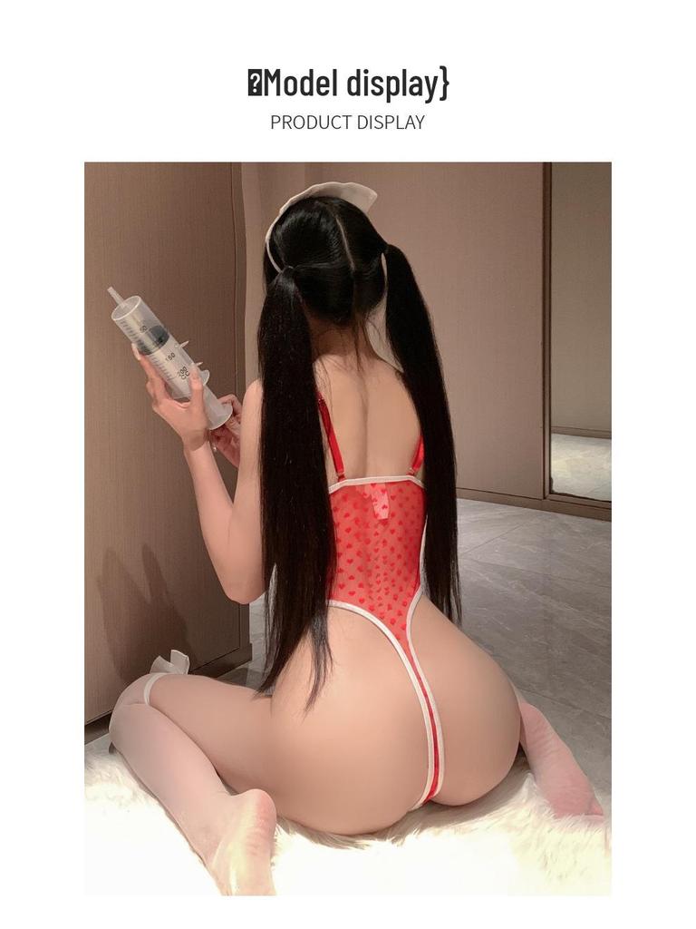 Sensual Nurse Costume Lace Bodysuit with Bowknot & Polka Dots