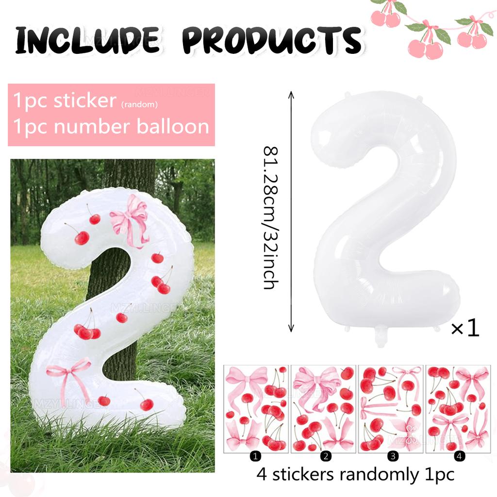 Palloncino digitale bianco da 32 pollici decorato con adesivi di ciliegie e adesivi con fiocchi per feste di compleanno e anniversari