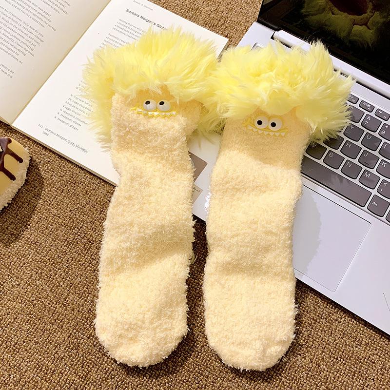 Crazy Big Mouth Monster Plush Socks Thickened Coral Fleece Cartoon Sleep Socks Winter Warm Soft Home Socks for Women Girls
