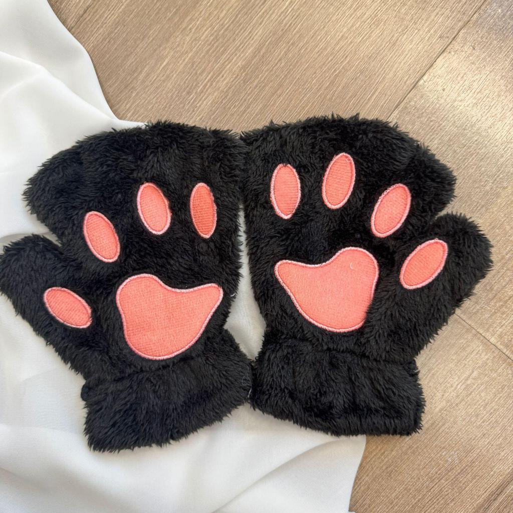 Women's Cute Cat & Bear Paw Fingerless Fleece Gloves