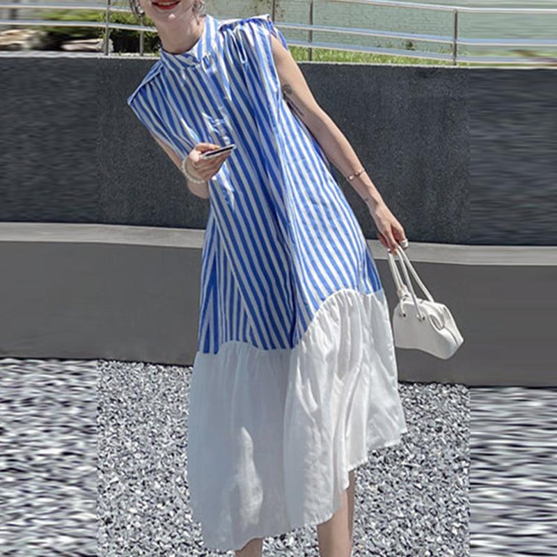 

ZANZEA Женское повседневное платье без рукавов с круглым вырезом и полосатой лоскутной отделкой L синий