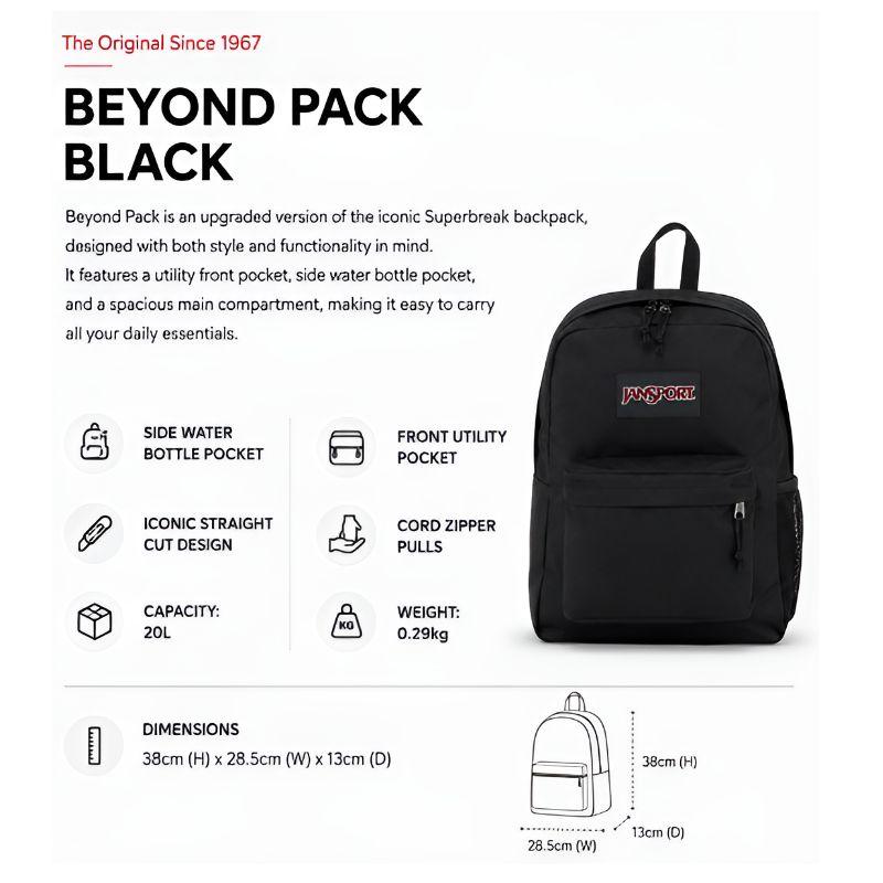 JanSport Beyond Pack Backpack 20L – Black | Lightweight Everyday School & Travel Backpack