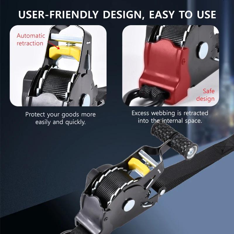 Car Automatic Retractable Tensioning Strap For Cargo Truck Motorcycle Transport Heavy Duty Quick Retract Tangled - Free Webbing