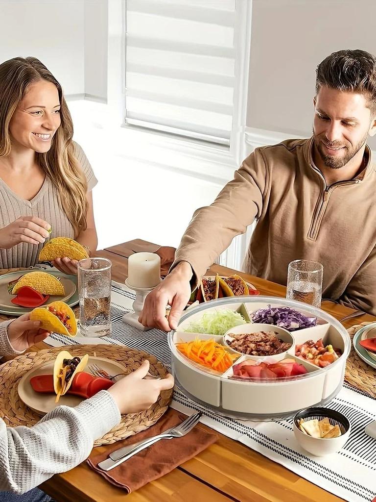 Divided Rotating Serving Tray with Lid and Handle, Portable Snackle Box for Fruits Snacks Veggie Charcuterie, Clear Snack Spinne