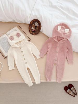Macacão Bebê Unissex Estilo Coreano com Capuz de Orelha de Coelho - Conjunto de Algodão Outono/Inverno