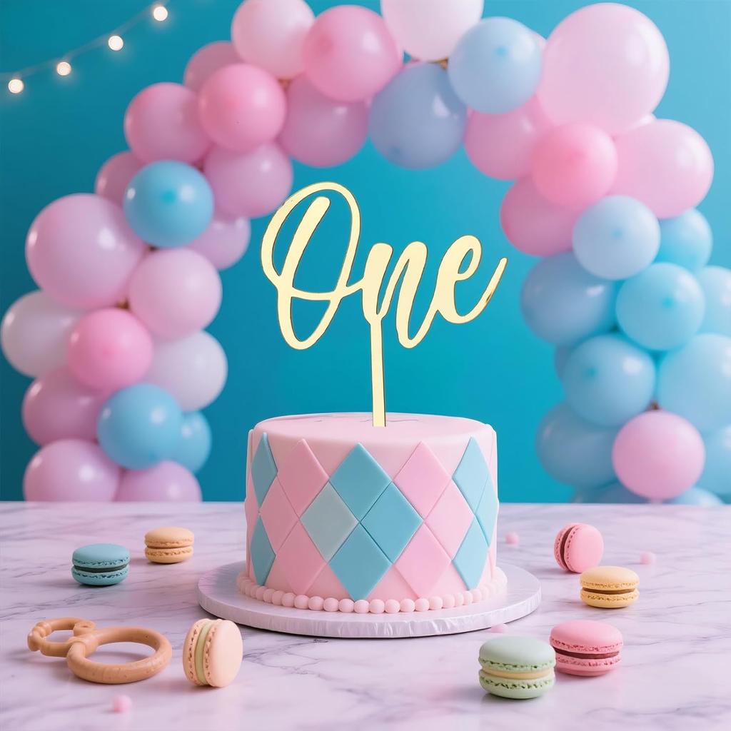 ONE Cake Topper Mirrored Gold Acrylic Sign 1st Birthday Cake Decoration Supplies Suitable for Baby Shower Favors, Gender Reveal, Baby Birthday Party