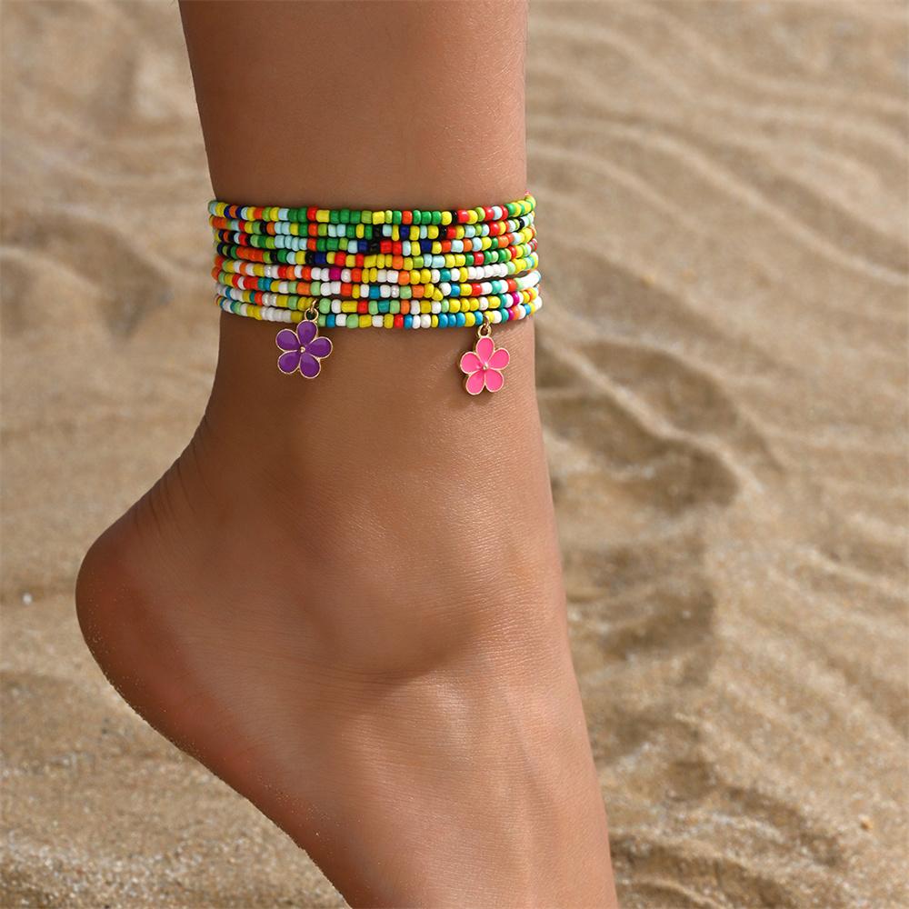 Pink Purple Blue Small Flower Pendant Anklets For Women Rainbow Beads Foot Chain Beach Jewelry Ankle Bracelet Summer Accessories