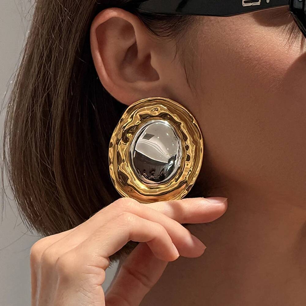Salircon Exaggerated Irregular Geometry Stainless Steel Stud Earrings for Women Vintage Glossy 18K Gold Plated Earrings Jewelry