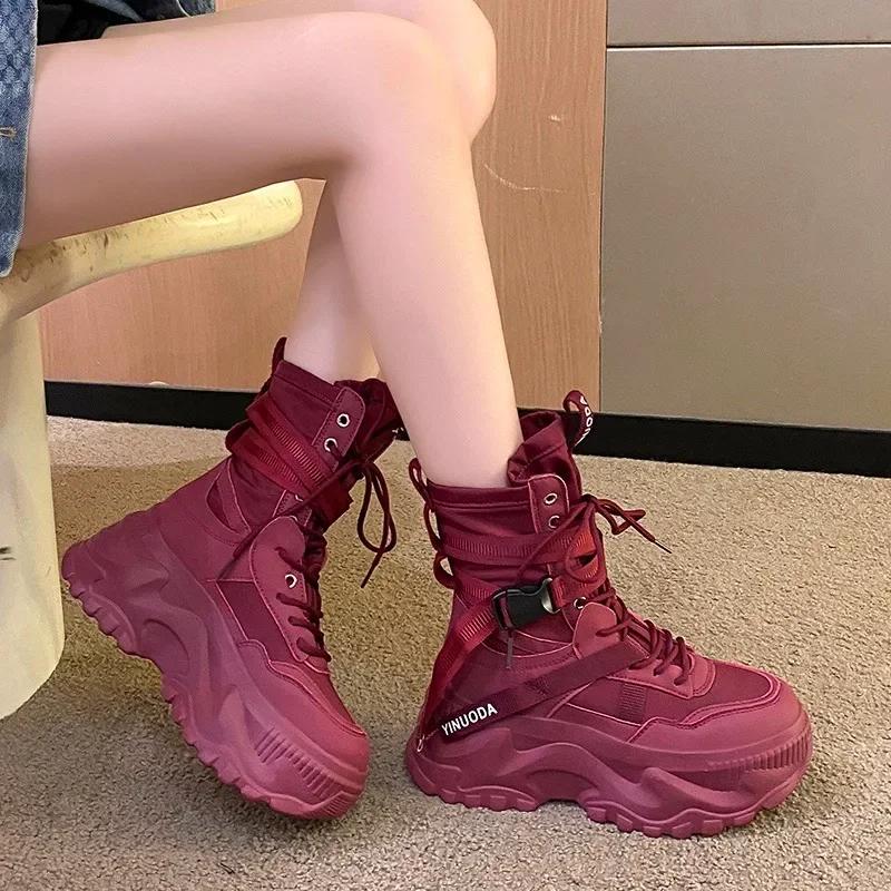 Fashion Women Chunky Platform Motorcycle Boots White Lace Up Thick Bottom Shoes Woman Autumn Winter Ankle
