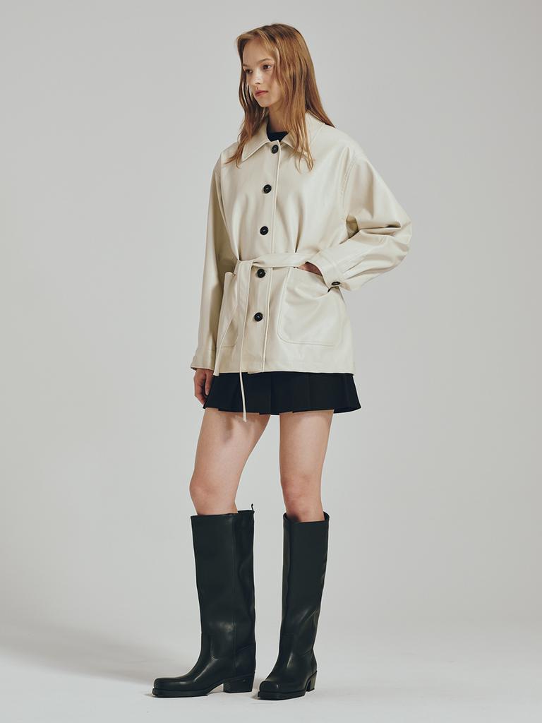 Nouve Belted Leather Jacket - Cream