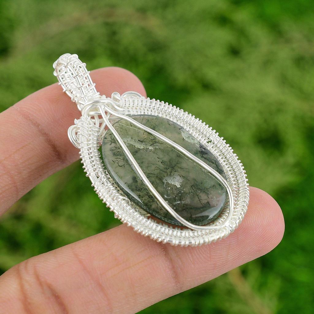 Daughters Day Deal 925 Silver Solar Moss Agate Gemstone Wire Wrapped New Pendant