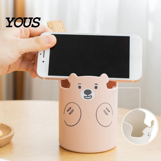 Macaron Colors Desk Organizer Cute Bear 2-in-1 Pen Holder & Phone Stand, Organizer, Large with Stand Capacity Storage for Pens Makeup Brushes Scissors
