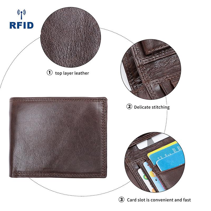Men'S Leather Wallet Retro Rfid Cash Anti-Theft Brush Change Bit Folding Wallet Multi-Card Bit Wallet