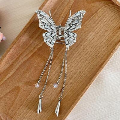 Shiny Butterfly Hair Claw Clips For Women Girl Vintage Long Chain Tassel Claw Clip Chinese Style Accessories
